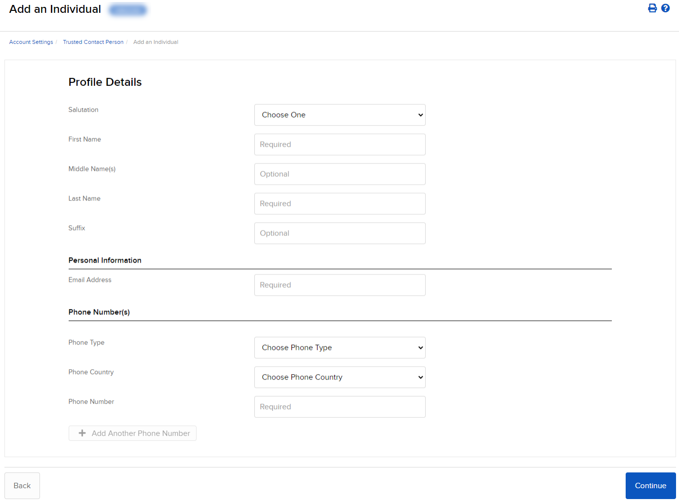 The trusted contact add an individual panel in advisor portal. 